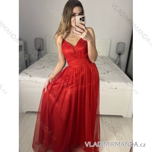 Šaty dlouhé třpytivé společenské na ramínka dámské (S/M ONE SIZE) ITALSKÁ MÓDA IMPSH24L666/DU -   červená -   S/M