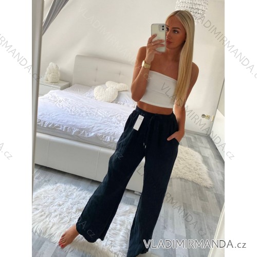 Nohavice letné mušelínové bavlnené dlhé dámske (S/M/L ONE SIZE) TALIANSKA MÓDA IMC24040/DU M / L čierna