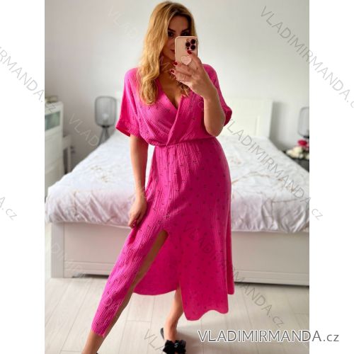 Šaty dlouhé letní krátký rukáv mušelín dámské (S/M/L ONE SIZE) ITALSKÁ MÓDA IMWA24198/DU S/M tmavě růžová