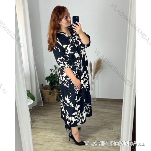 Šaty dlouhé letní 3/4 dlouhý rukáv dámské nadrozměr (52/54 ONE SIZE) ITALSKÁ MÓDA IMWCA24520/DR Černá 52/54
