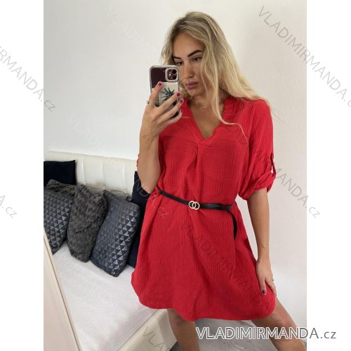 Šaty mušelínové s páskem 3/4 dlouhý rukáv dámské (S/M/L ONE SIZE) ITALSKÁ MÓDA IM424GINA