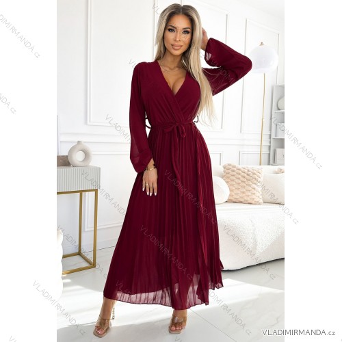 537-1 Pleated chiffon dress with scoop neckline, long sleeves and tied belt - burgundy