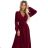537-1 Pleated chiffon dress with scoop neckline, long sleeves and tied belt - burgundy