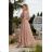 Šaty dlhé elegantný letný krátky rukáv dámske nadrozmer (36-46 ONE SIZE) POLSKÁ MÓDA PMLEL24ROSA3 svetlo hnedá 36
