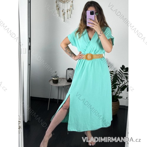 Šaty letní košilové s páskem krátký rukáv dámské (S/M/L ONE SIZE) ITALSKá MóDA IM424486/DR modrá mintova M/L
