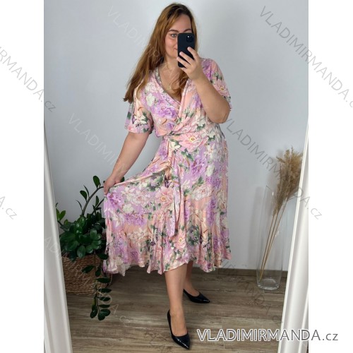 Šaty dlouhé krátký rukáv dámské nadrozměr (XL/2XL ONE SIZE) POLSKÁ MÓDA PMLT22ENZO/DU XL/2XL růžová