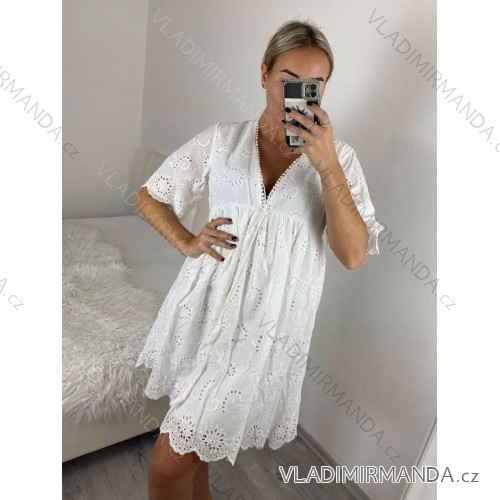 Šaty letní boho krajkové 3/4 dlouhý rukáv dámské (S/M ONE SIZE) ITALSKÁ MÓDA IMPEM2323076/DU -   bílá -   S/M