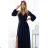 572-1 NELA shiny long gown with neckline and long sleeves - navy blue