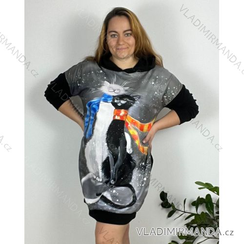 Šaty volnočasové  s kapucí dlouhý rukáv dámské nadrozměr (54/56/58 ONE SIZE) ITALSKÁ MÓDA IMSM24CATS/DUR