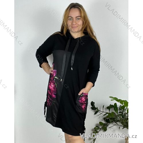 Šaty volnočasové dlouhý rukáv dámské nadrozměr (54/56/58 ONE SIZE) ITALSKÁ MÓDA IM424706-1/DUR Černá 56/58