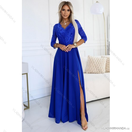 Šaty dlouhé elegantní společenské krajkové s výstřihem dlouhý rukáv  (S - 2XL) Polská móda- Royal blue 309-12 AMBER Royal blue M