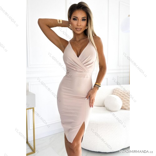 555-1 Elegant midi dress with a neckline and a leg slit - beige