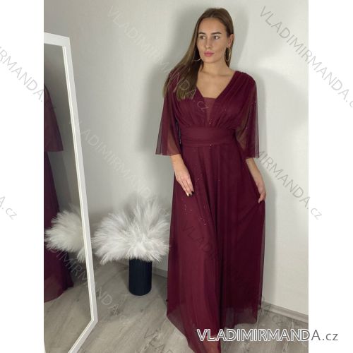 Šaty společenské elegantní třpitivé 3/4 rukáv dámské (S/M/L ONE SIZE) ITALSKá MODA IMS25KRISTA/DR S/M/L vínová