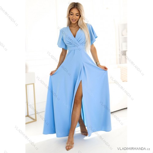 581-3 JENNIFER long dress with leg slit, sleeve and neckline - light blue