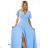581-3 JENNIFER long dress with leg slit, sleeve and neckline - light blue