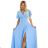581-3 JENNIFER long dress with leg slit, sleeve and neckline - light blue