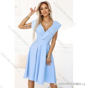 348-12 SCARLETT - flared midi dress with envelope neckline and belt - light blue