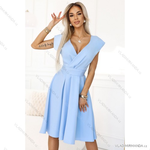 348-12 SCARLETT - flared midi dress with envelope neckline and belt - light blue