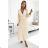504-7 VIVIANA Pleated midi dress with scoop neckline, long sleeves and wide belt - light beige