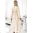 504-7 VIVIANA Pleated midi dress with scoop neckline, long sleeves and wide belt - light beige