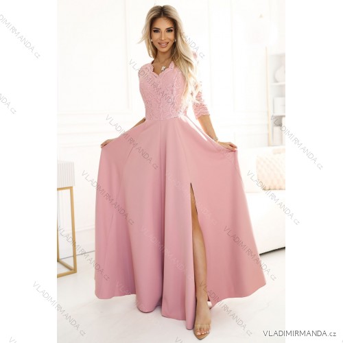 309-13 AMBER elegantes langes Spitzenkleid mit Ausschnitt - puderrosa