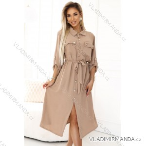 531-3 Midi košilové šaty se zlatými knoflíky a zavazováním - MOCHA MOUSSE