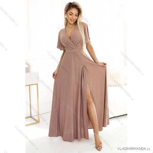 581-4 JENNIFER shiny long dress with sleeves and neckline - mocha mousse with glitter