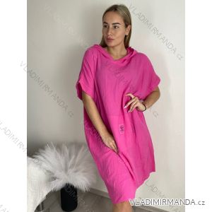 Šaty letní bavlněné mušelín s kapucí krátký rukáv dámské nadrozměr (52/54/56 ONE SIZE) ITALSKÁ MÓDA IM425154
