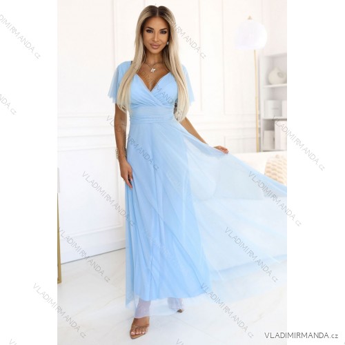 562-5 NASTIA Long dress with a neckline and short sleeves - light blue