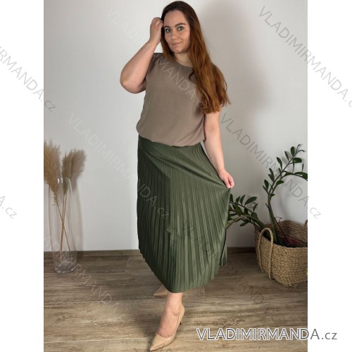 Sukně dlouhá skládaná s páskem dámská nadrozměr (44/46/48 ONE SIZE) ITALSKÁ MÓDA IM425MEDA/DUR 44/46/48 zelená khaki