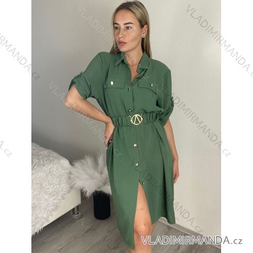 Šaty košilové s páskem 3/4 dlouhý rukáv dámské MILANO (XS/S/M ONE SIZE) ITALSKÁ MÓDA IMD25102/DUR S/M zelená khaki
