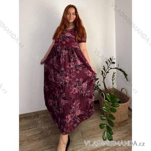 Šaty dlouhé letní krátký rukáv dámské nadrozměr MARIA (50/52/54 ONE SIZE) ITALSKÁ MÓDA IM425252/DU 50/52/54 vínová