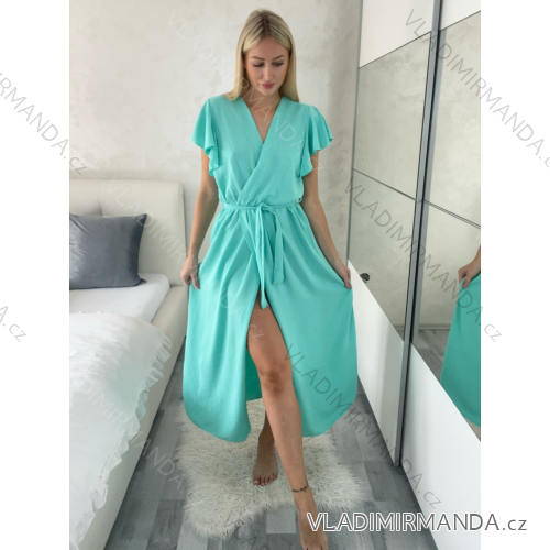 Šaty dlouhé elegantný letný krátky rukáv dámske BLANA (S/M/L ONE SIZE) TALIANSKA MÓDA IMD25115/DR tm. mintová S/M/L