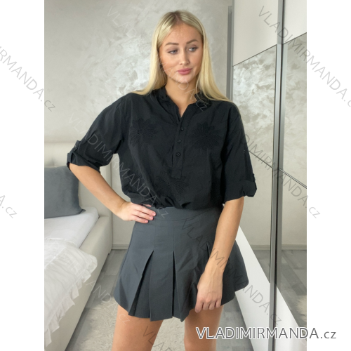 Košeľa klasik 3/4 dlhý rukáv dámska FLORA  (M/L/XL ONE SIZE) TALIANSKA MÓDA IM325012/DU M/L/XL čierna