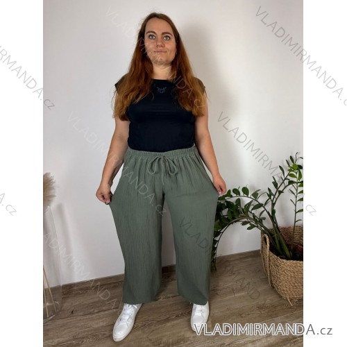 Nohavice mušelínové letné dámske nadrozmer (46/48/50 ONE SIZE) TALIANSKA MÓDA IM4250002/DUR - zelená khaki - 48/50