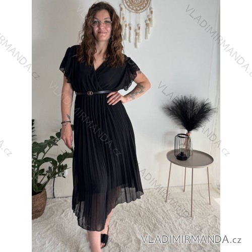 Šaty dlouhé letní šifonové elegantní skládané s páskem krátký rukáv dámské LAJLA (S/M/LONE SIZE) ITALSKÁ MÓDA IMWHA251214/DUR černá S/M/L