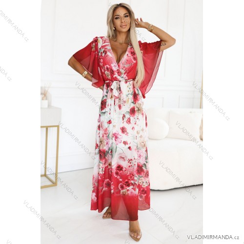 603-1 Vzdušné zavinovací maxi šaty s květinovým vzorem – červené růže