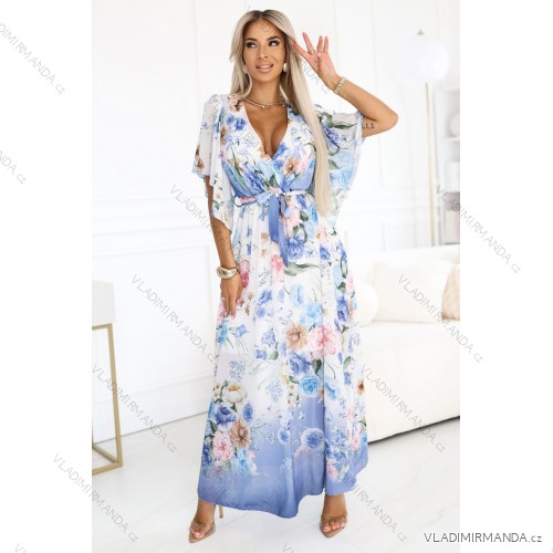 603-3 Vzdušné zavinovacie maxi šaty s kvetinovým vzorom – modré ruže
