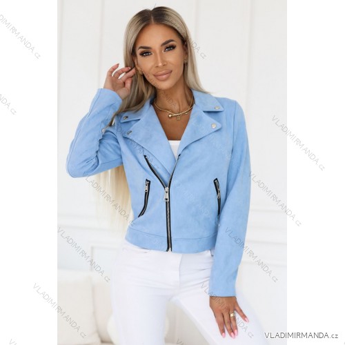 481-3 Suede biker jacket with long sleeves and zippers - light blue