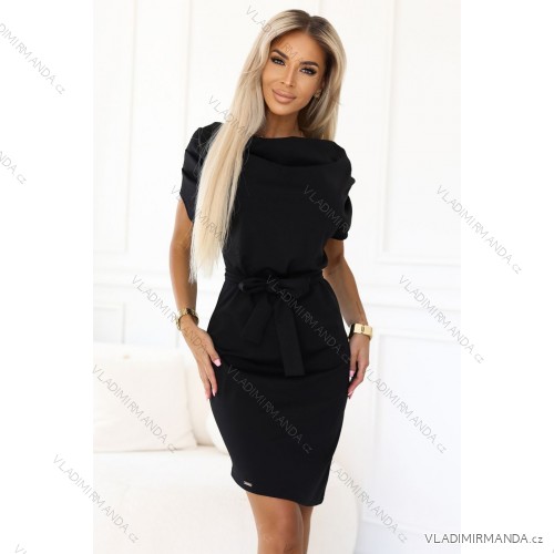 240-8 ROXI dress with asymmetrical skirt and belt - BLACK