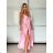 Long summer satin dress with straps women with belt (UNI S / M) ITALIAN FASHION IMM22INFINITE -   green pea -   S / M