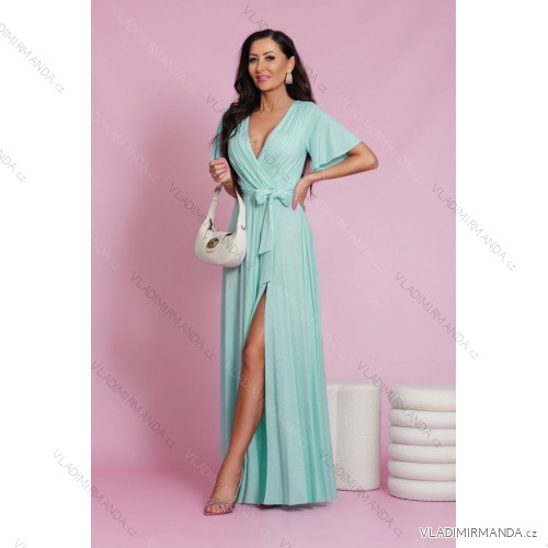 Šaty dlhé spoločenské brokátové trblietavé krátky rukáv dámske (S - 2XL) POLSKÁ MÓDA PMLEL24BELLA12/DU zelená mintova 5XL