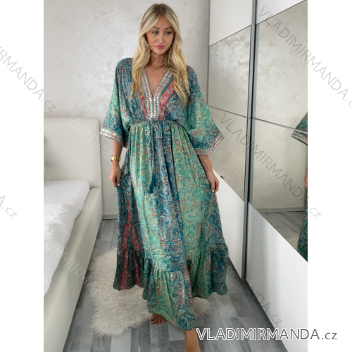 Šaty dlouhé letní dlouhý rukáv dámské LAJLA (S/M/L ONE SIZE) INDICKÁ MÓDA IMWKA25HE309G-4/DU S/M/L zelená