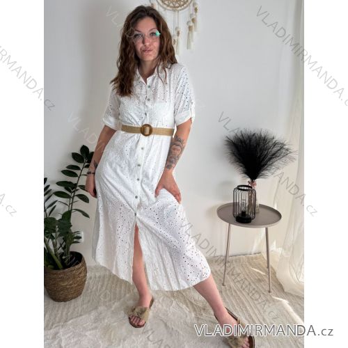 Women's Summer Boho Lace Shirt Dress With Belt Short Sleeve (S/M ONE SIZE) ITALIAN FASHION IMPEM232191