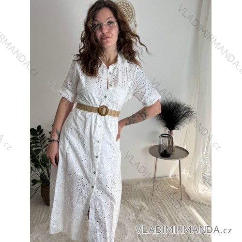Women's Summer Boho Lace Shirt Dress With Belt Short Sleeve (S/M ONE SIZE) ITALIAN FASHION IMPEM232191 white S / M / L