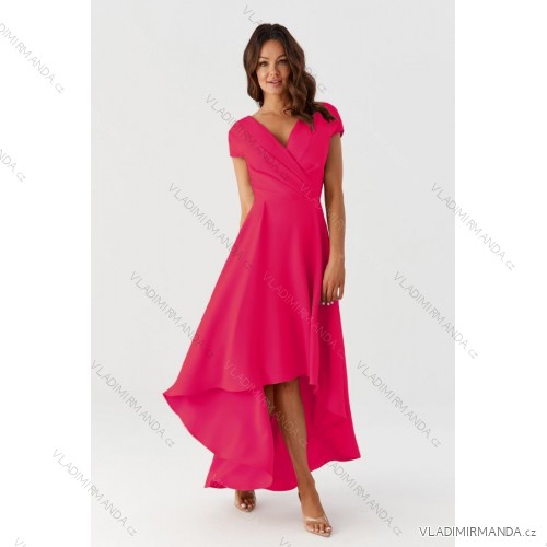 Šaty dlouhé společenské krátký rukáv dámské (36-56) POLSKÁ MÓDA PMLMR23SELENA-1/DUR růžová fuchsiová 36