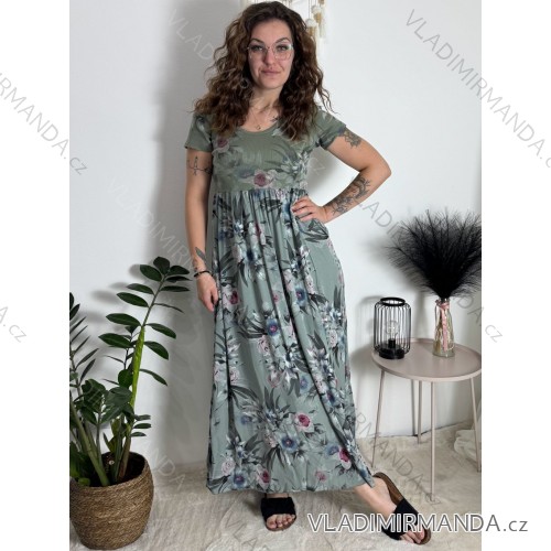 Women's short sleeve summer dress FIORE (S/M/L ONE SIZE) ITALIAN FASHION IMSM25019 green khaki S / M / L