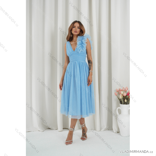 Women's Long Elegant Dress with Wide Straps (SL) FRENCH FASHION FMPEL23VELVET blue 42