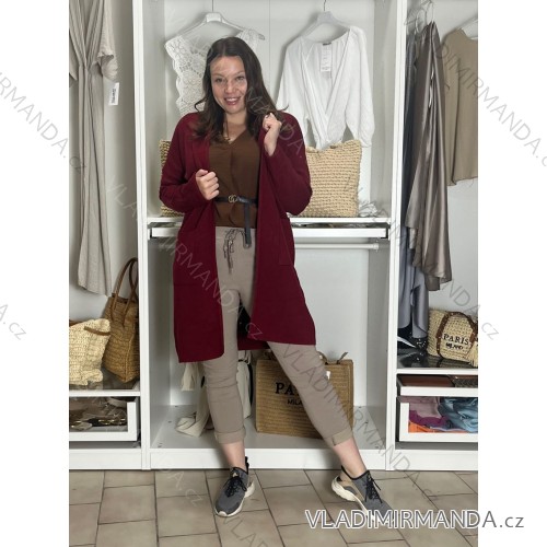Cardigan s kapucí dlhý rukáv dámsky nadrozmer (42/44/46 ONE SIZE) TALIANSKA MÓDA IMSM251132/DR vínová 42/44/46