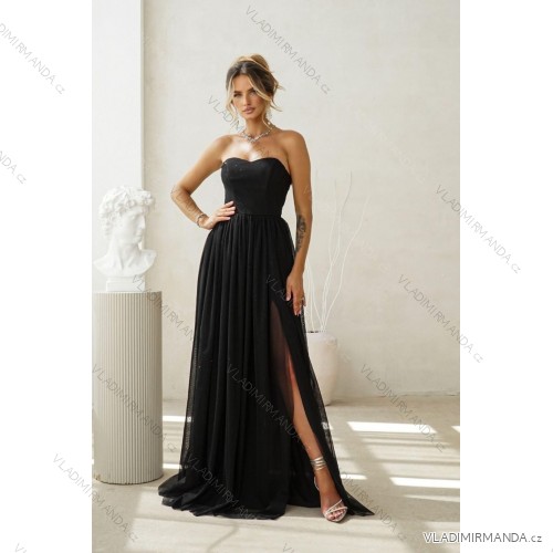 Women's Long Elegant Dress with Wide Straps (SL) FRENCH FASHION FMPEL23VELVET black 40